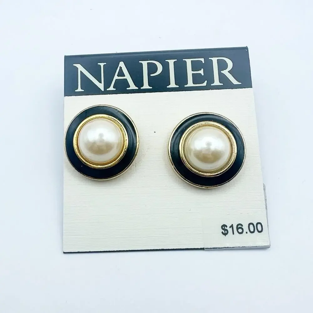 Vintage Napier Faux Pearl Earrings napier black enamel pierced retro